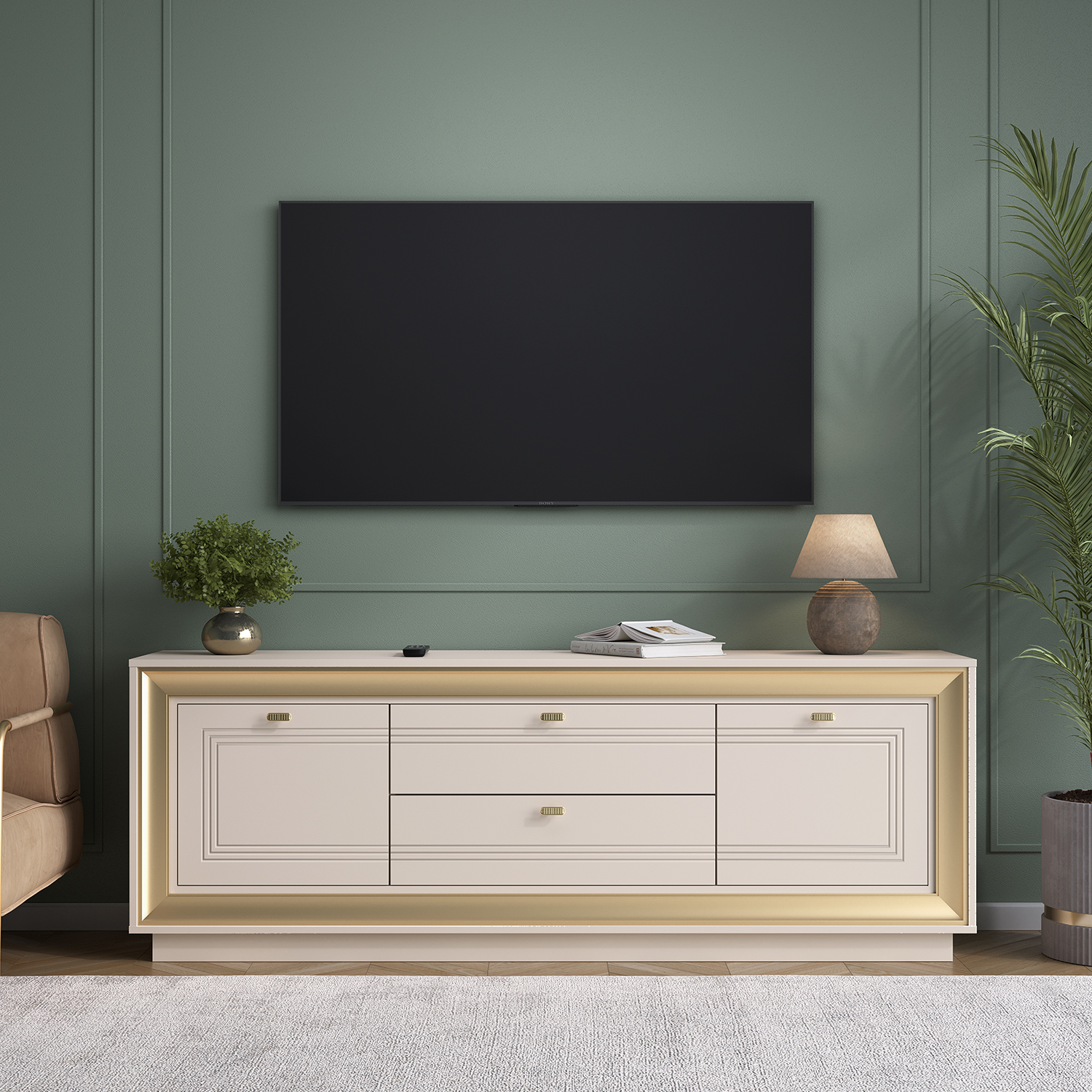 Тумба под ТВ 1800 (зефир, миндаль/золото) «Прато» Кураж