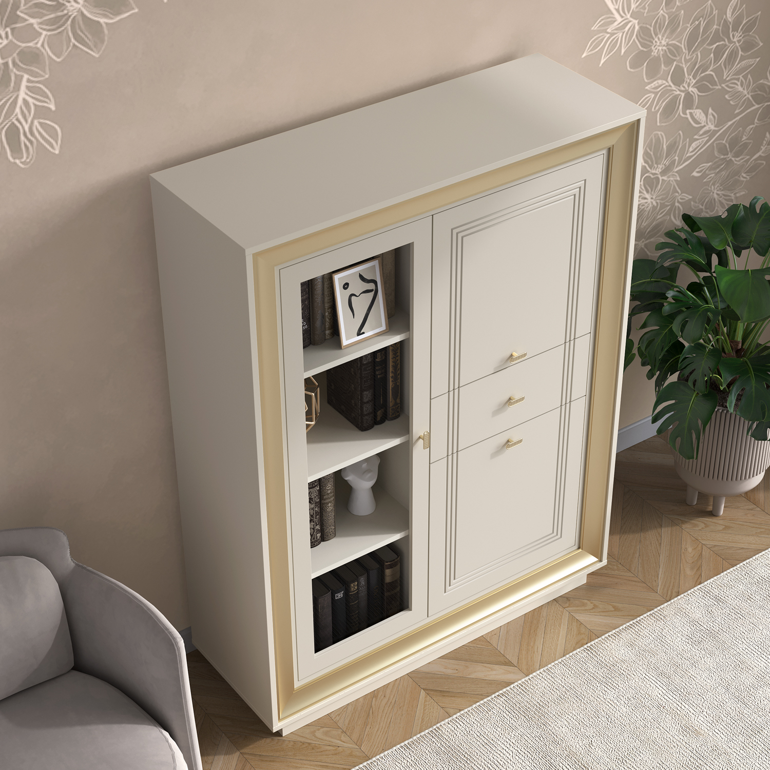 Шкаф низкий 1 стеклодверь (зефир, миндаль и золото) «Прато» Кураж