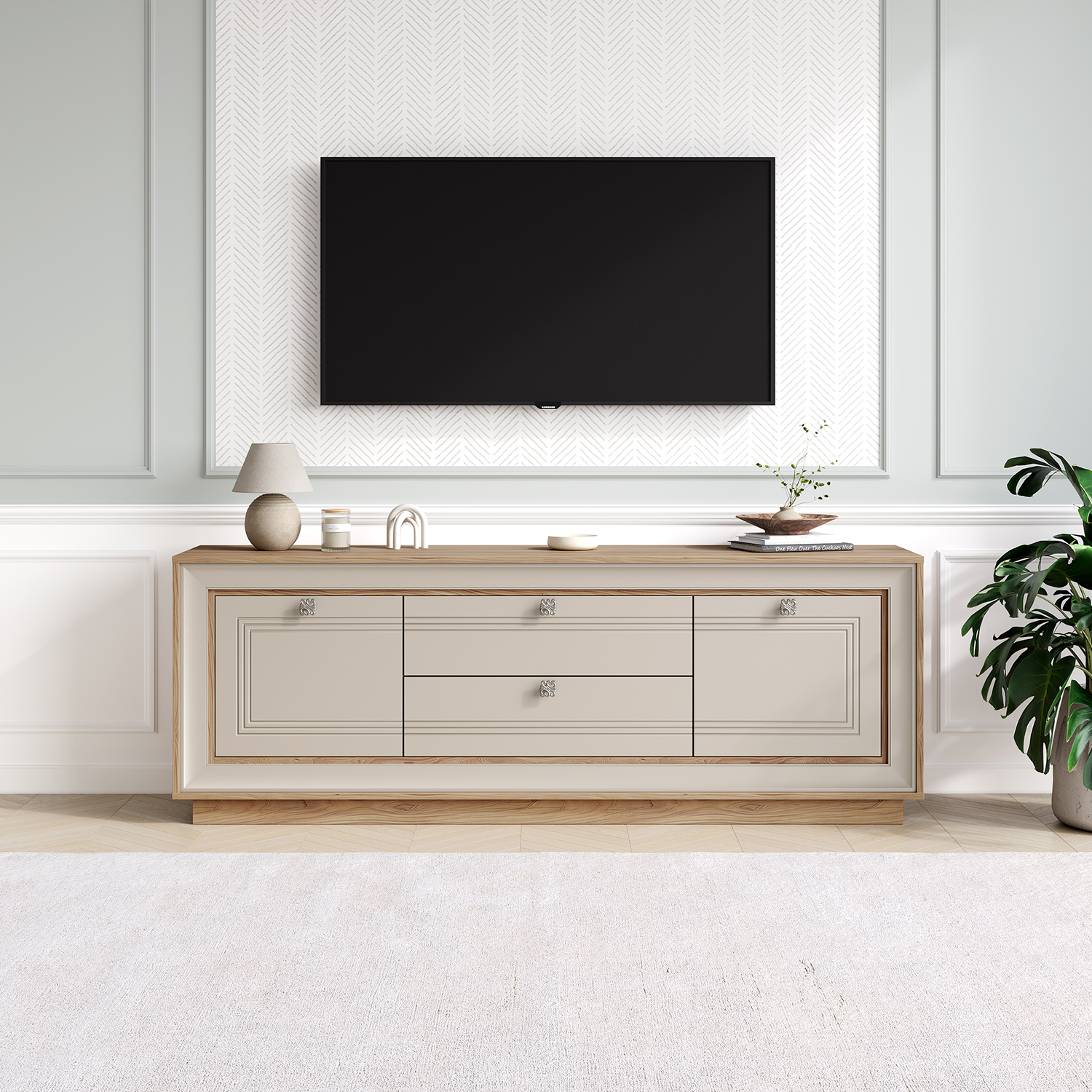 Тумба под ТВ 1800 (вяз швейцарский светлый, газания матовая) «Прато» Кураж