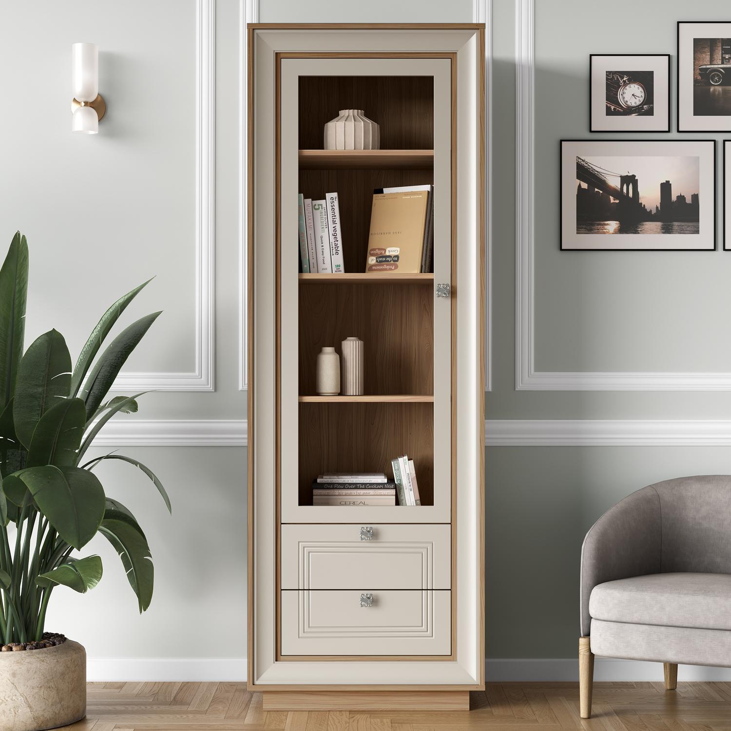 Шкаф-витрина (вяз швейцарский светлый, газания матовая) «Прато» Кураж