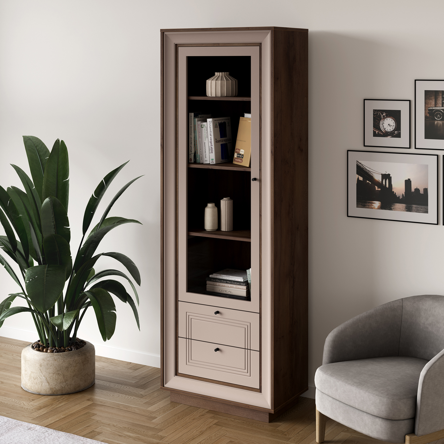 Шкаф-витрина (таксония шоколадная, кофе с молоком) «Прато» Кураж