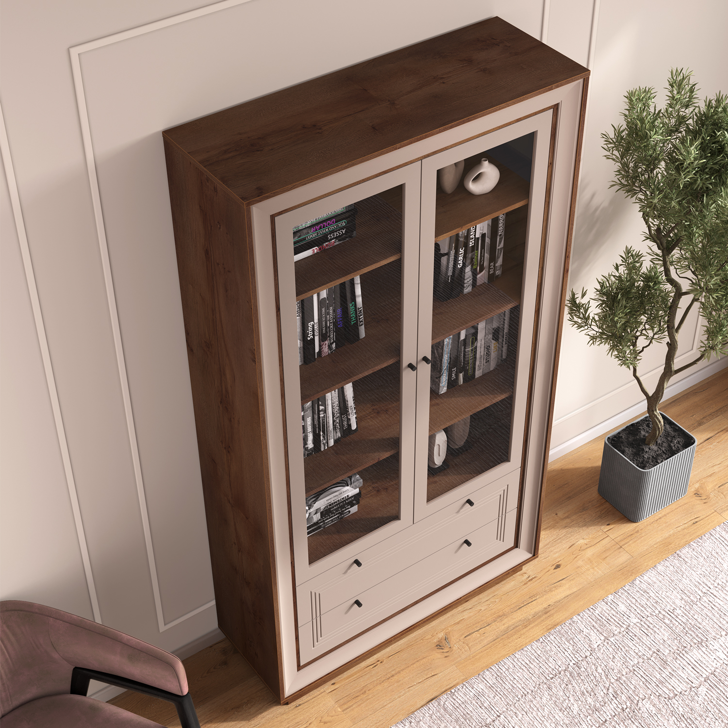 Шкаф-витрина 2-х дверная (таксония шоколадная, кофе с молоком) «Прато» Кураж