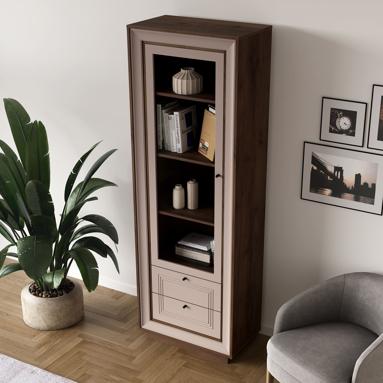 Шкаф-витрина (таксония шоколадная, кофе с молоком) «Прато» Кураж