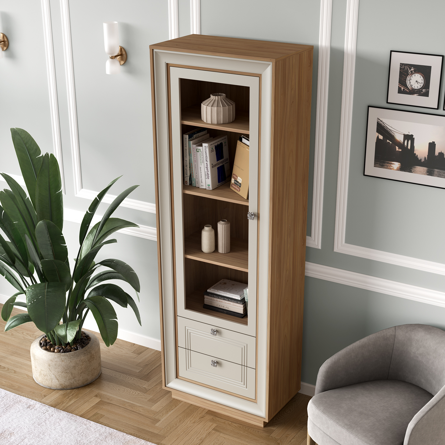 Шкаф-витрина (вяз швейцарский светлый, газания матовая) «Прато» Кураж