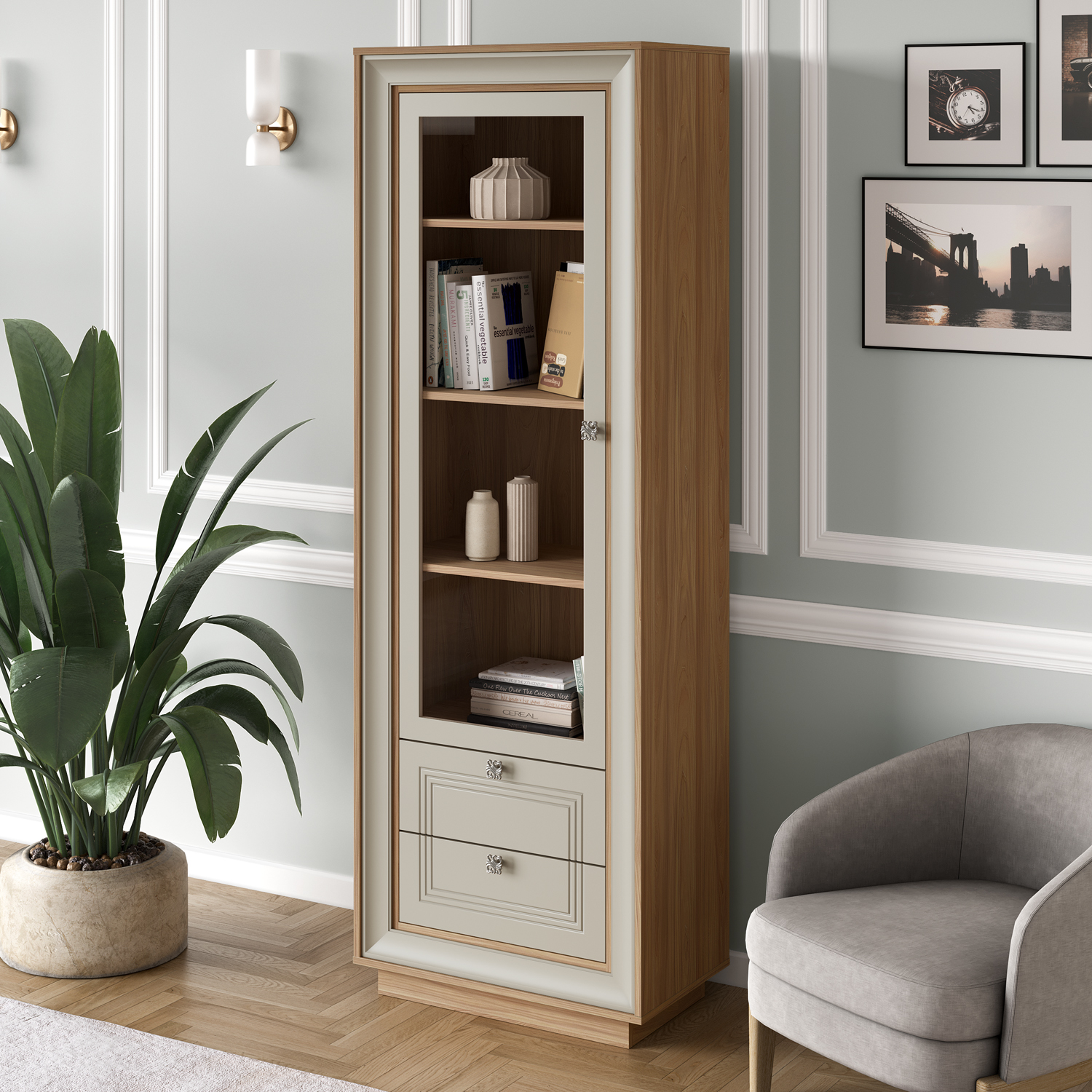 Шкаф-витрина (вяз швейцарский светлый, газания матовая) «Прато» Кураж