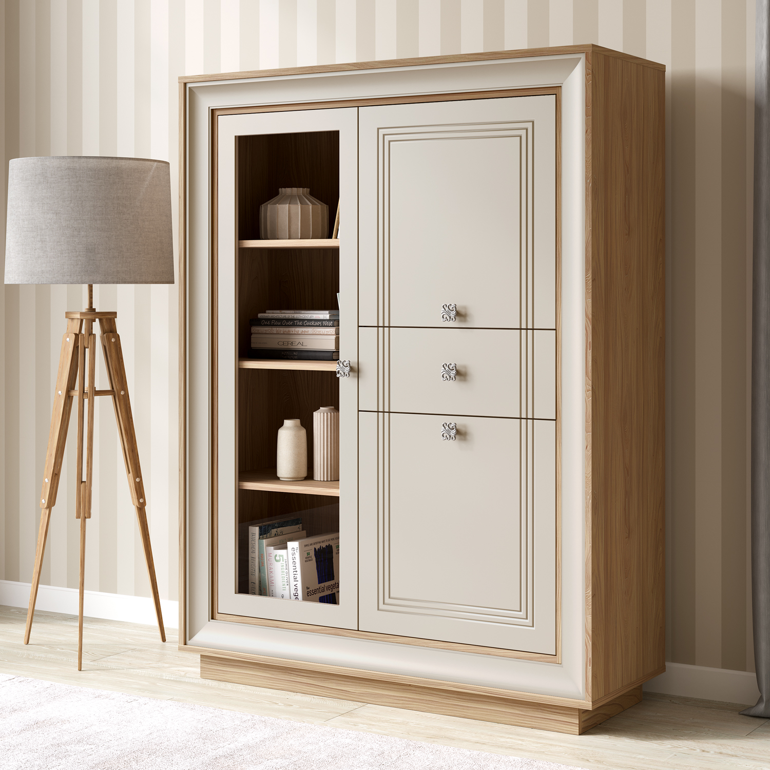 Шкаф низкий 1 стеклодверь (вяз швейцарский светлый, газания матовая) «Прато» Кураж