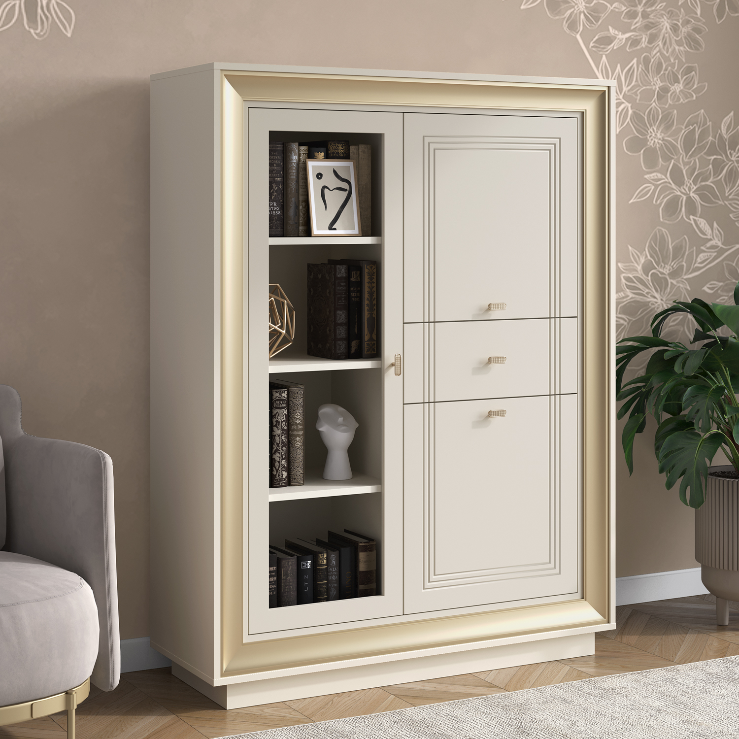 Шкаф низкий 1 стеклодверь (зефир, миндаль и золото) «Прато» Кураж