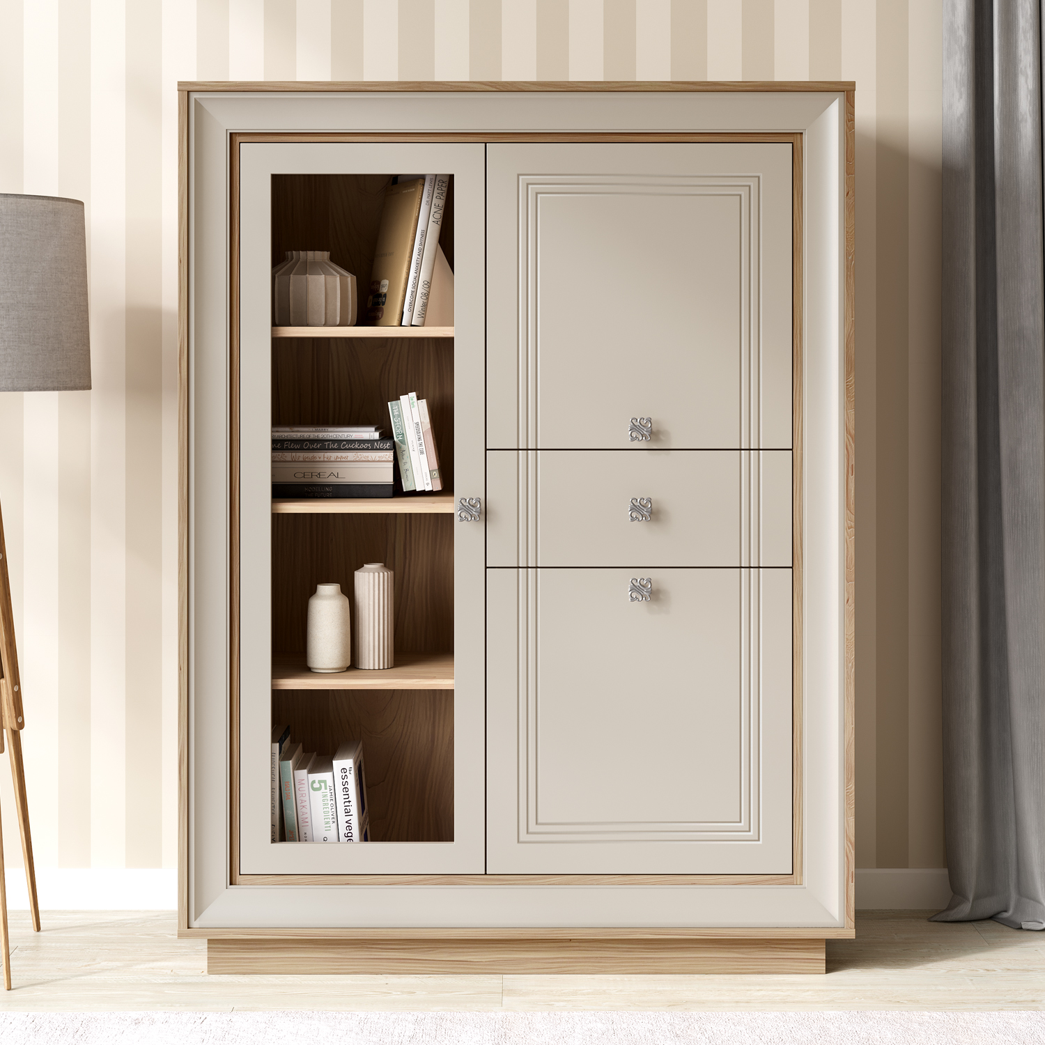 Шкаф низкий 1 стеклодверь (вяз швейцарский светлый, газания матовая) «Прато» Кураж