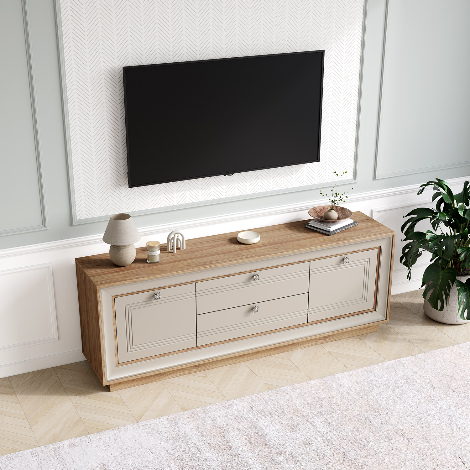 Тумба под ТВ 1800 (вяз швейцарский светлый, газания матовая) «Прато» Кураж