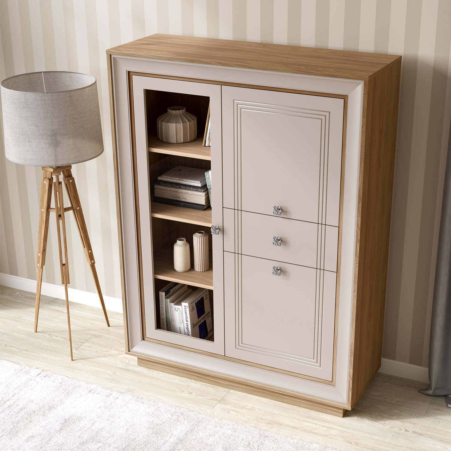 Шкаф низкий 1 стеклодверь (вяз швейцарский светлый, газания матовая) «Прато» Кураж