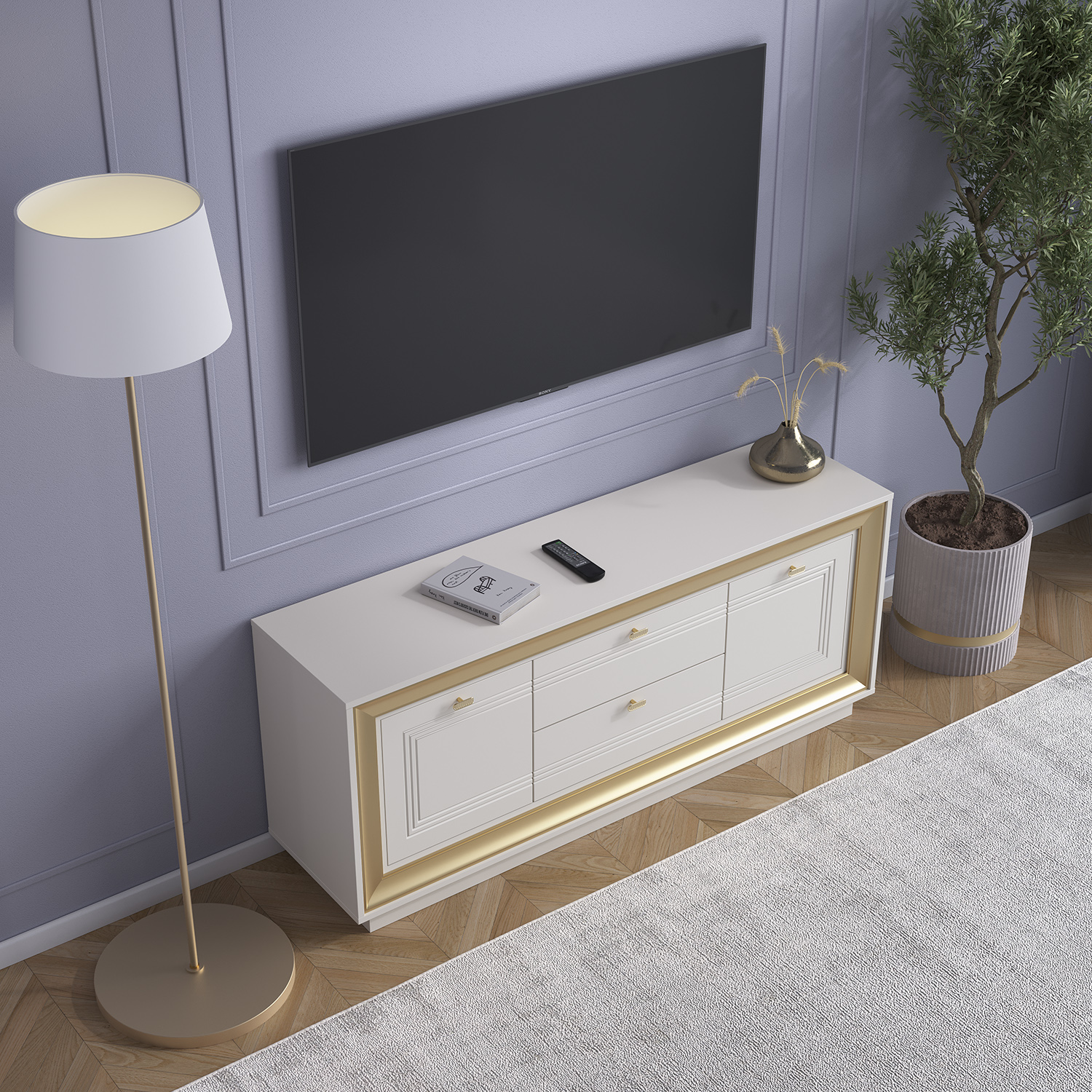 Тумба под ТВ 1536 (зефир, миндаль и золото) «Прато» Кураж