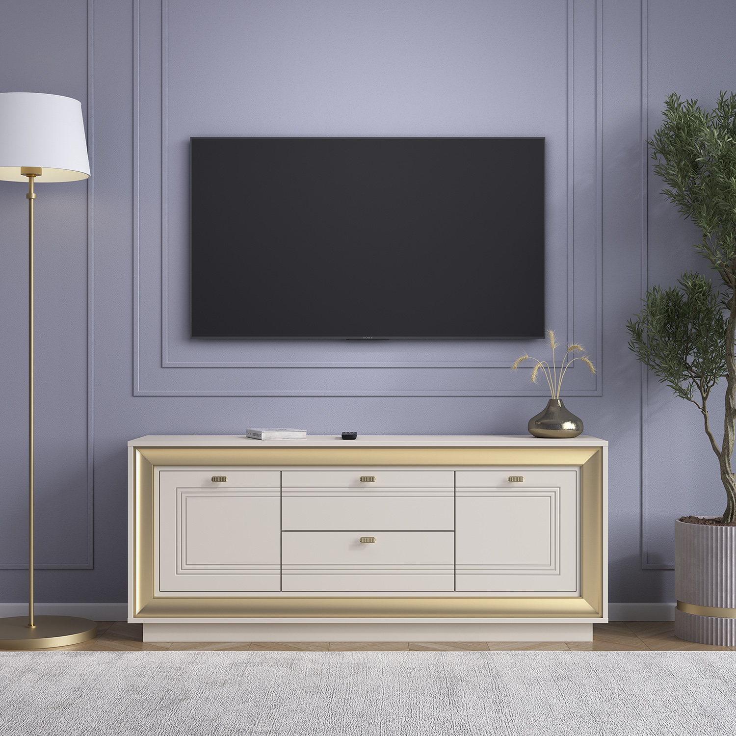 Тумба под ТВ 1536 (зефир, миндаль и золото) «Прато» Кураж