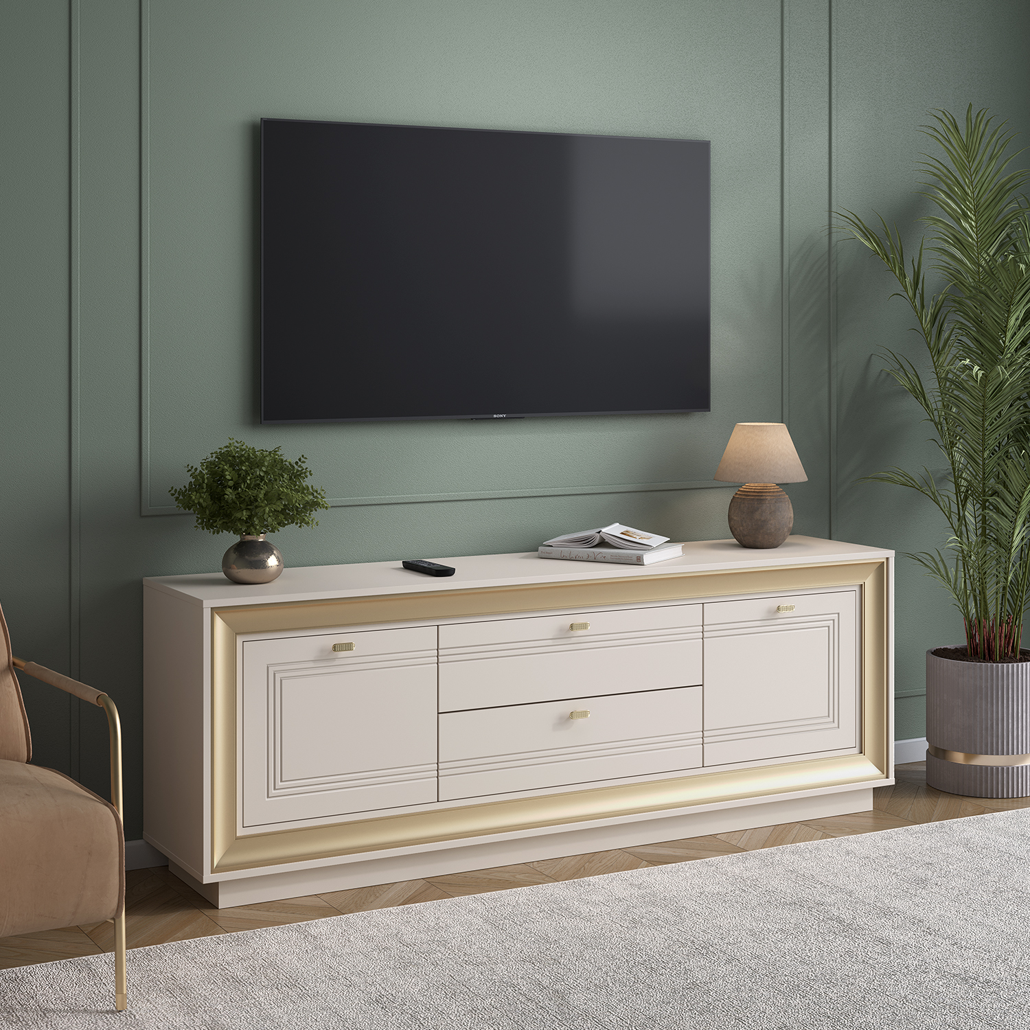 Тумба под ТВ 1800 (зефир, миндаль/золото) «Прато» Кураж