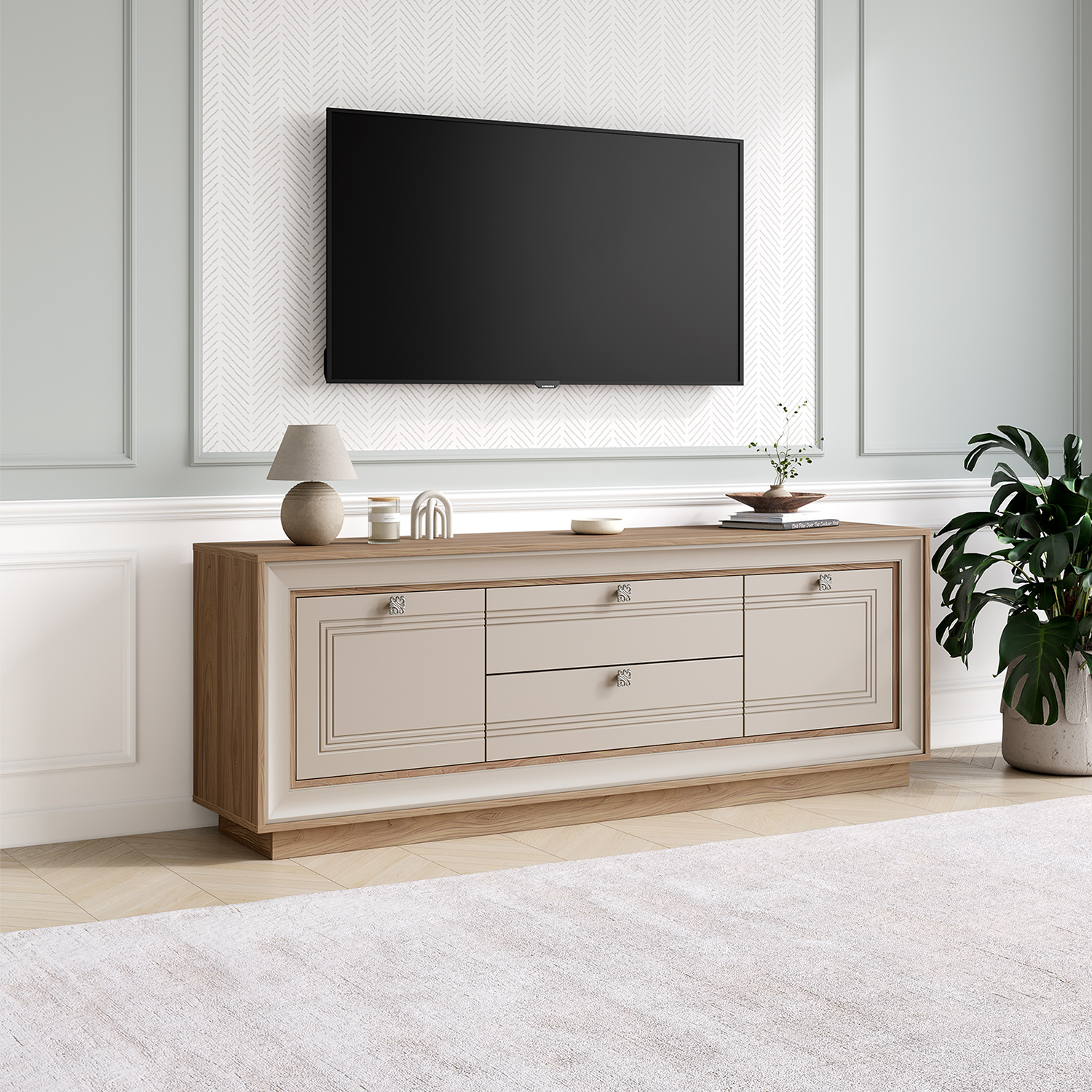 Тумба под ТВ 1800 (вяз швейцарский светлый, газания матовая) «Прато» Кураж