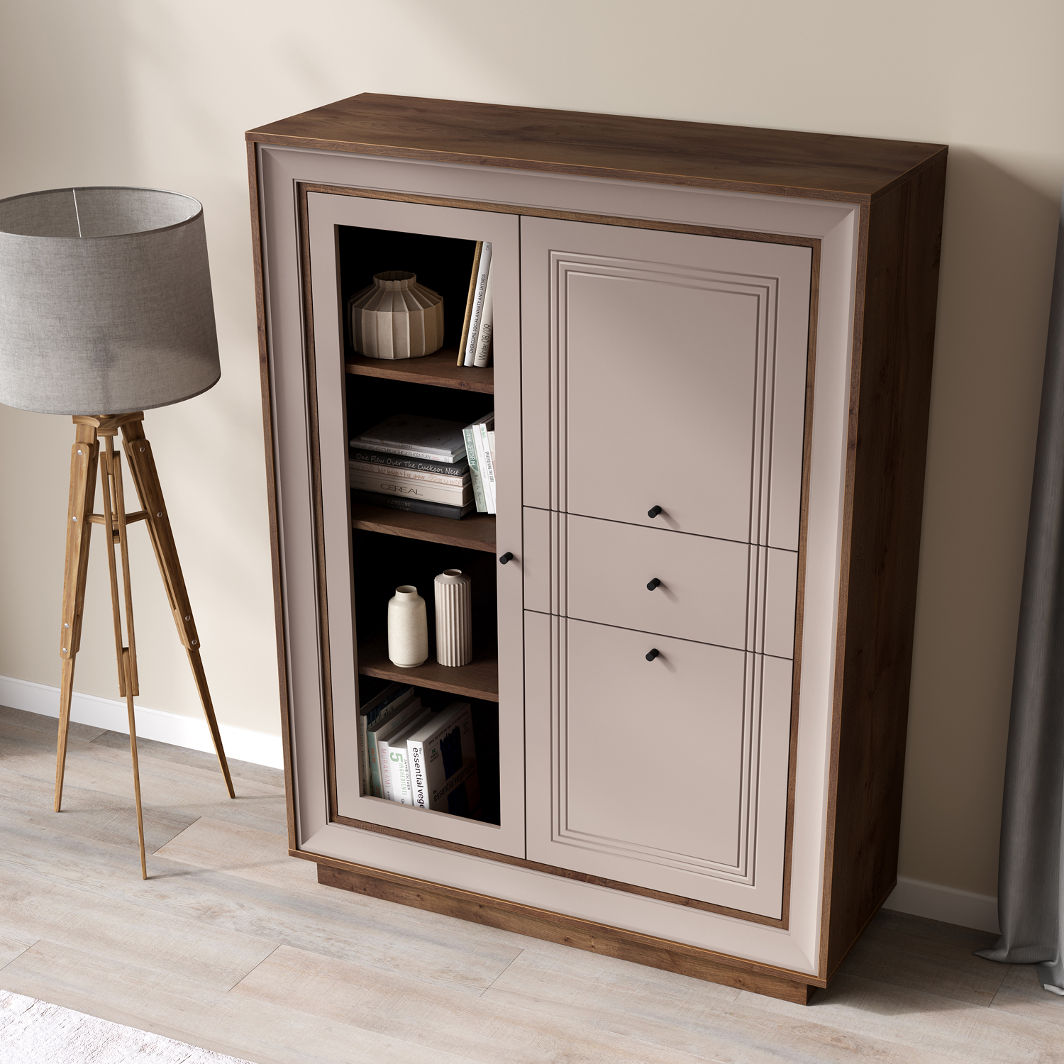 Шкаф низкий 1 стеклодверь (таксония шоколадная, кофе с молоком) «Прато» Кураж