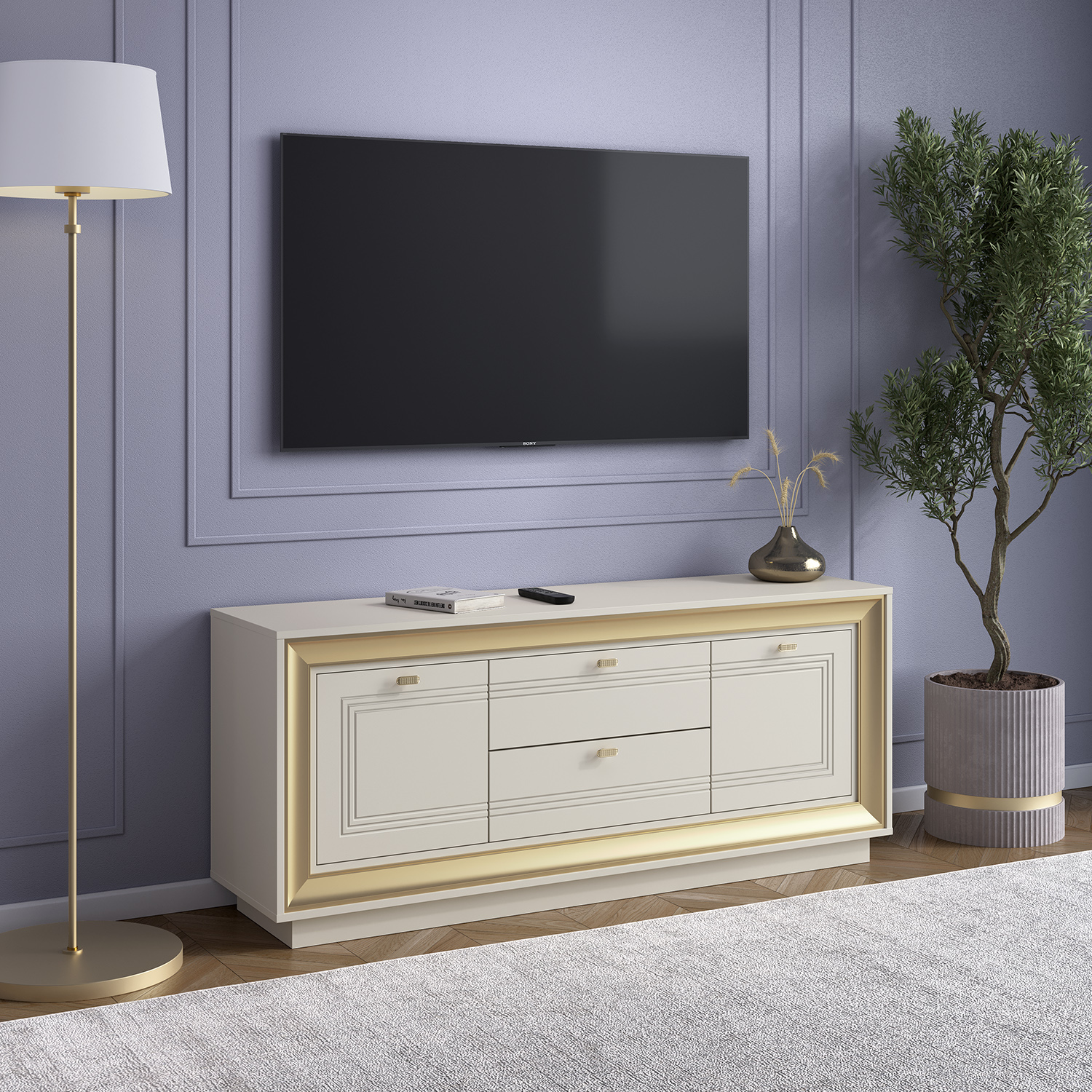 Тумба под ТВ 1536 (зефир, миндаль и золото) «Прато» Кураж