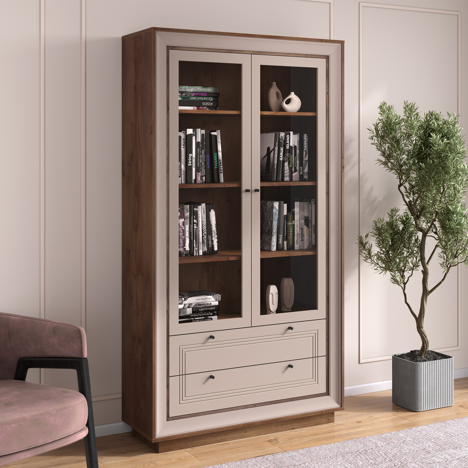 Шкаф-витрина 2-х дверная (таксония шоколадная, кофе с молоком) «Прато» Кураж