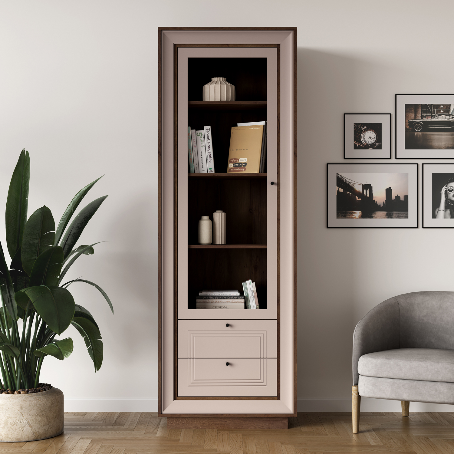 Шкаф-витрина (таксония шоколадная, кофе с молоком) «Прато» Кураж